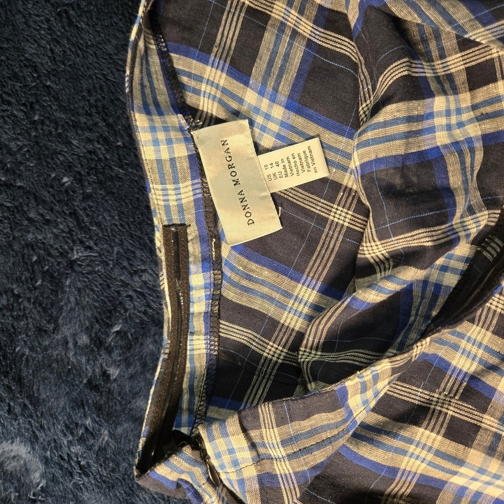 Donna Morgan One Shoulder Plaid Linen Blend Ruffle Dress Blue Tan Womens 10 NEW - Picture 6 of 9